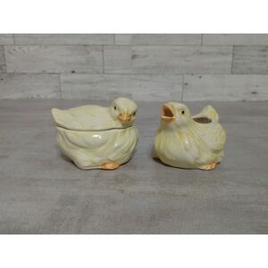 Vintage 1991 Fitz and Floyd Baby Chick Creamer & Covered Sugar Bowl Hand Painted